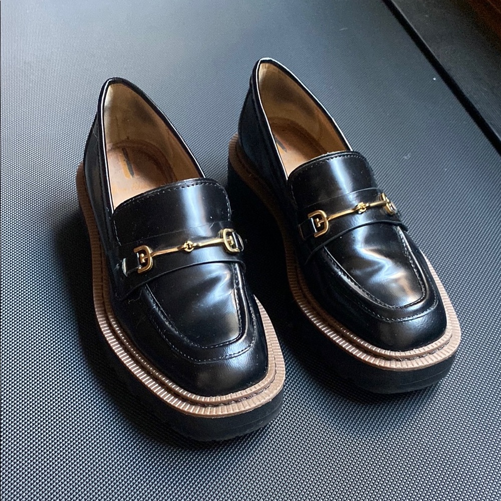 Sam Edelman Black and Gold Platform Loafers